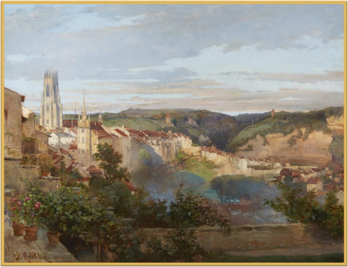 Vue du vieux Fribourg (Suisse), Jean-Joseph Reichlen (1846–1913), Huile sur toile, 1889